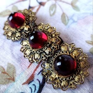 Dark Deep Red Triple Glass Dome Prong Set Brooch Brass Tone Filigree Vintage